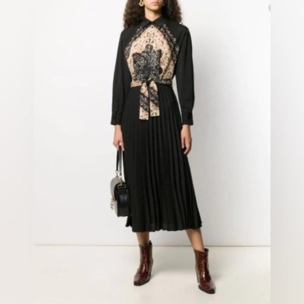 Sandro Black Pleated Midi Dress with Embroidered Panel - Picture 2 of 16